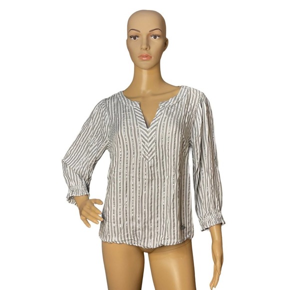 Adrienne Vittadini Women's White Silver Metallic Striped Banded V- Neck Blouse M - Picture 1 of 9